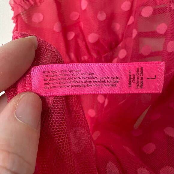 L Betsey Johnson Sheer Pink Polka Dot Mesh Slip Dress Cherry Bow Coquette Kawaii - Picture 5 of 8